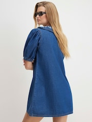 River Island Blue Short Sleeve Embroidered Collared Mini Shirt Dress - Image 4 of 4