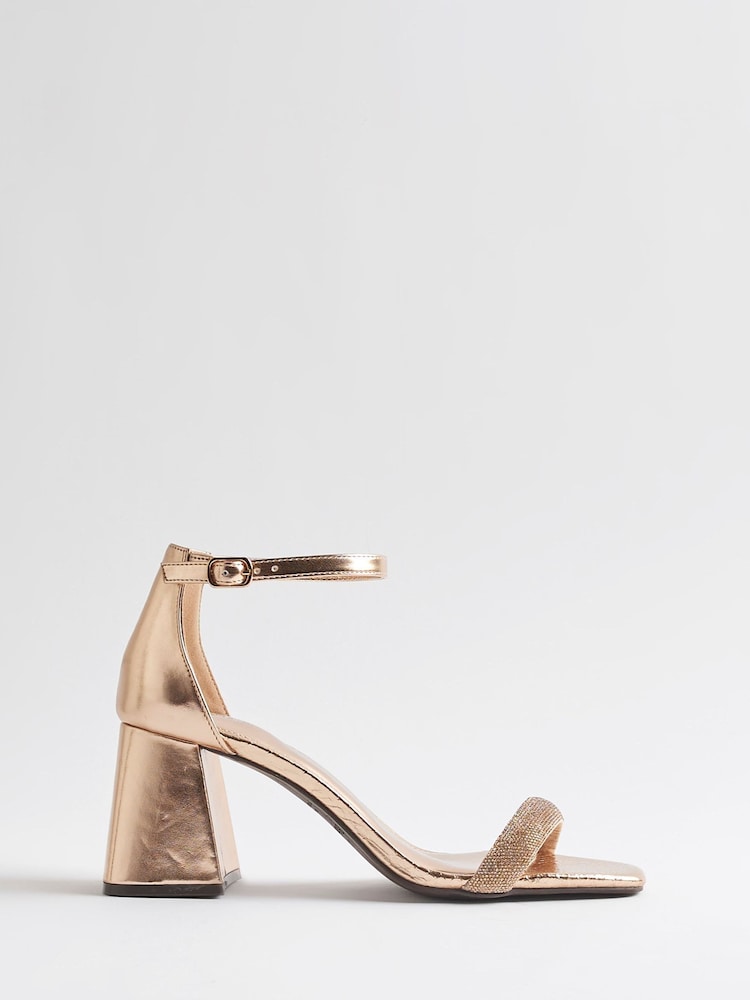 River Island Gold Closed Back Block Heeled Sandals - Image 1 of 5 River Island Gold Closed Back Block Heeled Sandals - Image 1 of 5