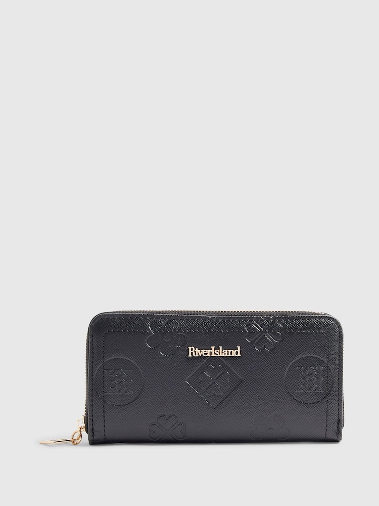 River Island Black Monogram Embossed Zip Around Purse - Image 1 of 5