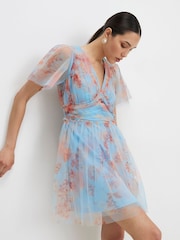 River Island Blue Short Sleeve Floral Tulle Mini Dress - Image 1 of 4