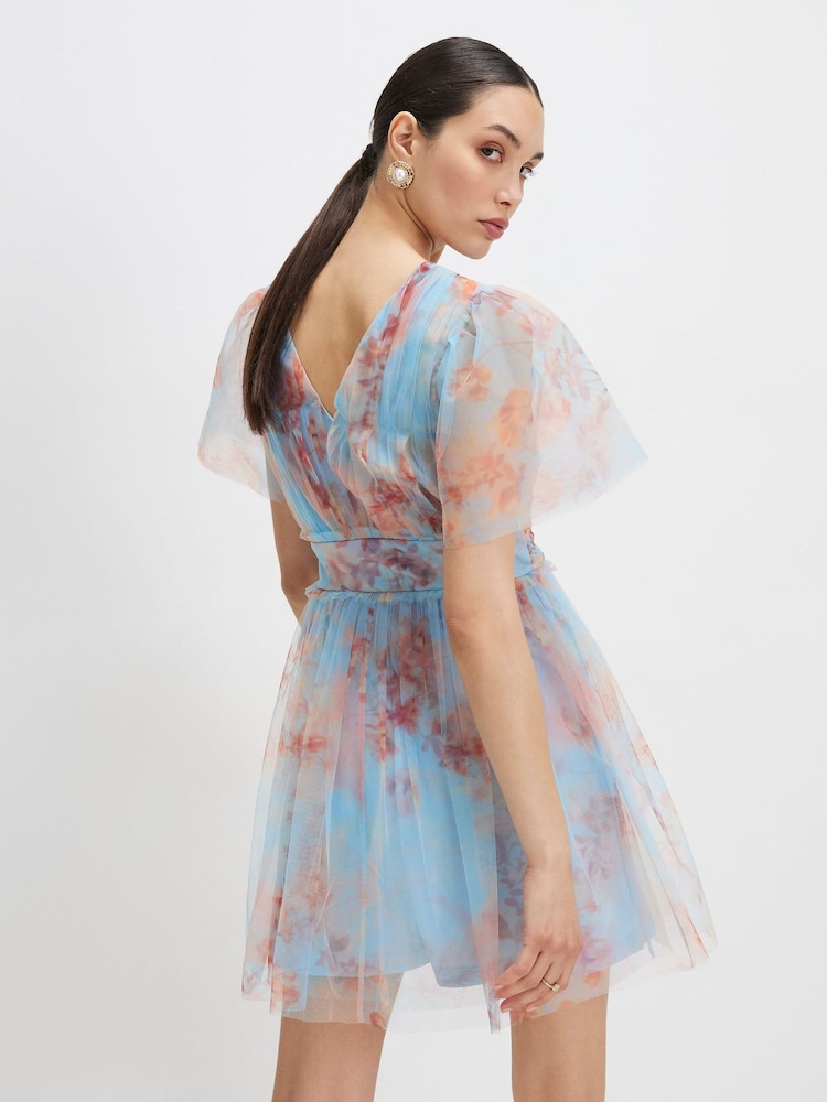 River Island Blue Short Sleeve Floral Tulle Mini Dress - Image 4 of 4