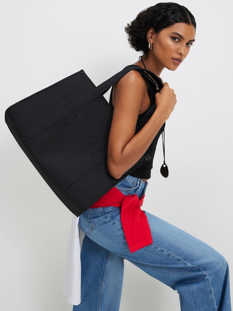 River Island Black Jacquard Embroidered Shopper Tote Bag - Image 1 of 6
