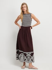 River Island Brown Sleeveless Boat Neck Embroidered Hem Midi Dress - Image 1 of 4
