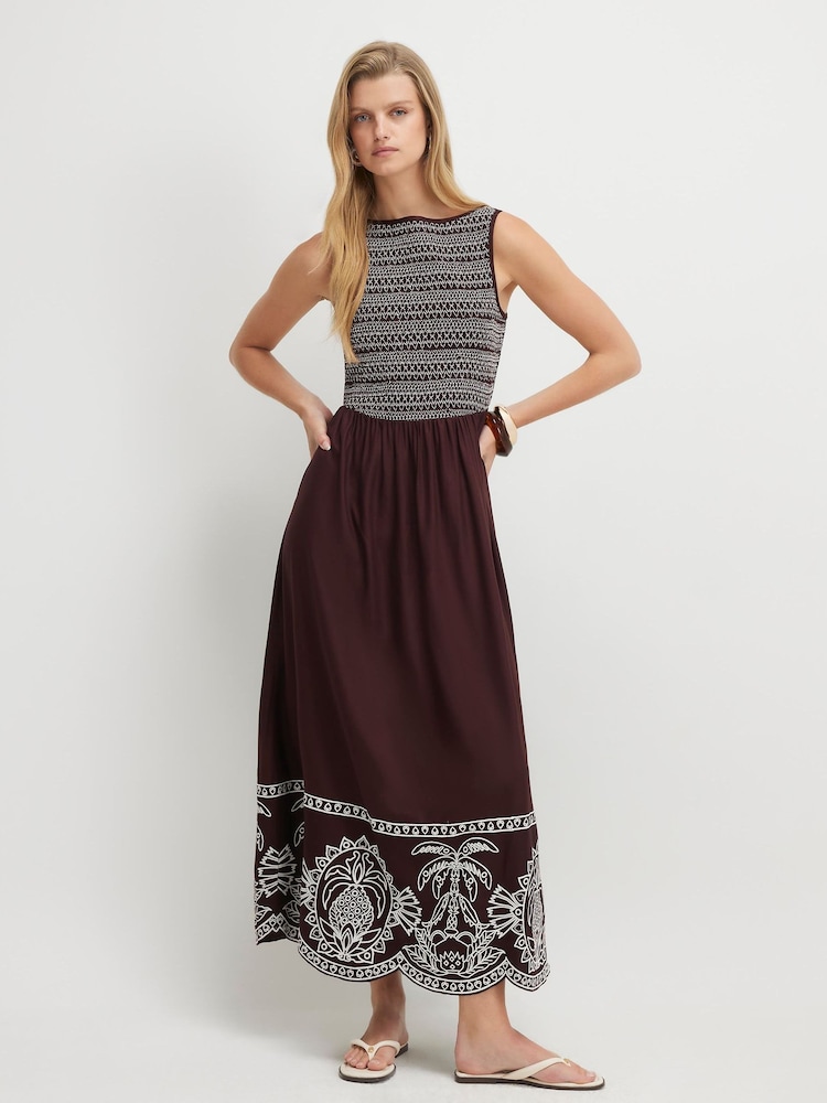 River Island Brown Sleeveless Boat Neck Embroidered Hem Midi Dress - Image 1 of 4