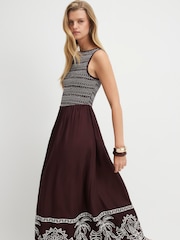 River Island Brown Sleeveless Boat Neck Embroidered Hem Midi Dress - Image 2 of 4