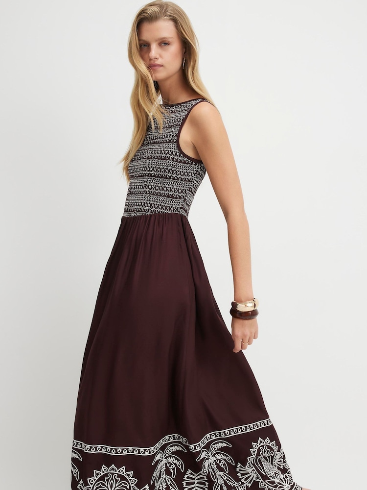 River Island Brown Sleeveless Boat Neck Embroidered Hem Midi Dress - Image 2 of 4
