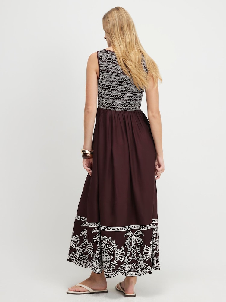River Island Brown Sleeveless Boat Neck Embroidered Hem Midi Dress - Image 4 of 4