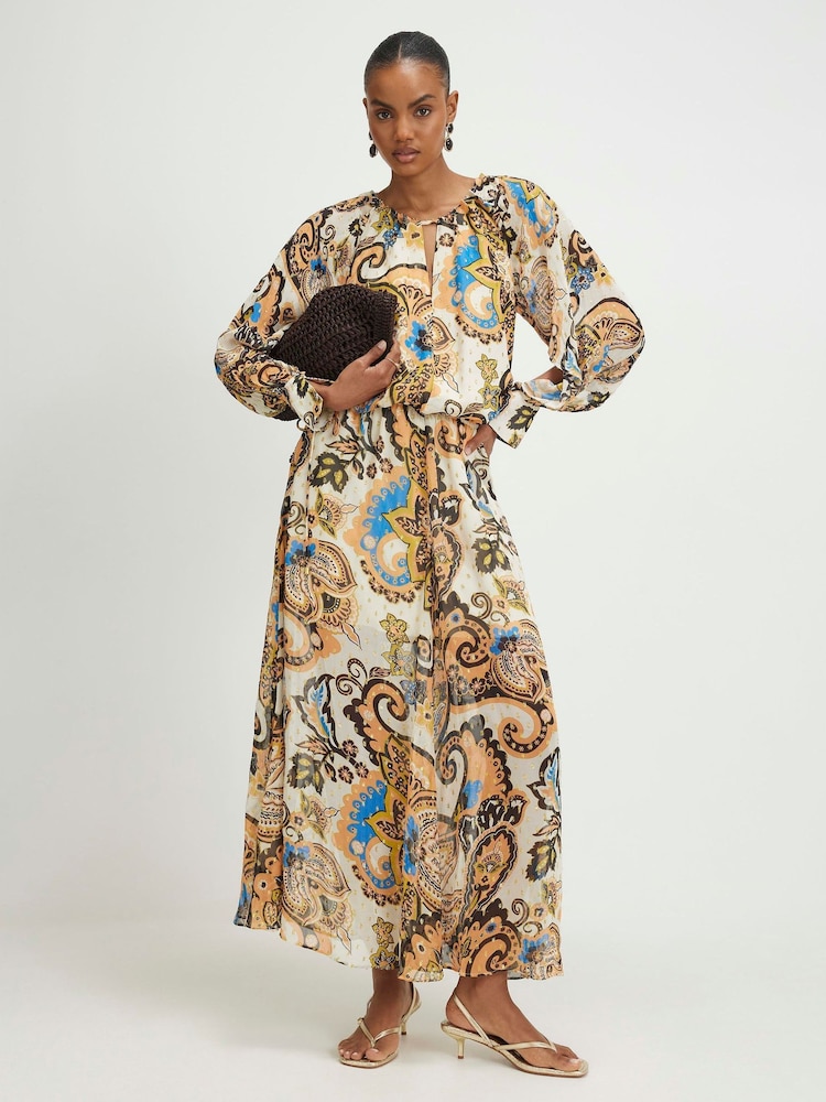 River Island Cream Long Sleeve Paisley Metallic Maxi Dress - Image 1 of 4