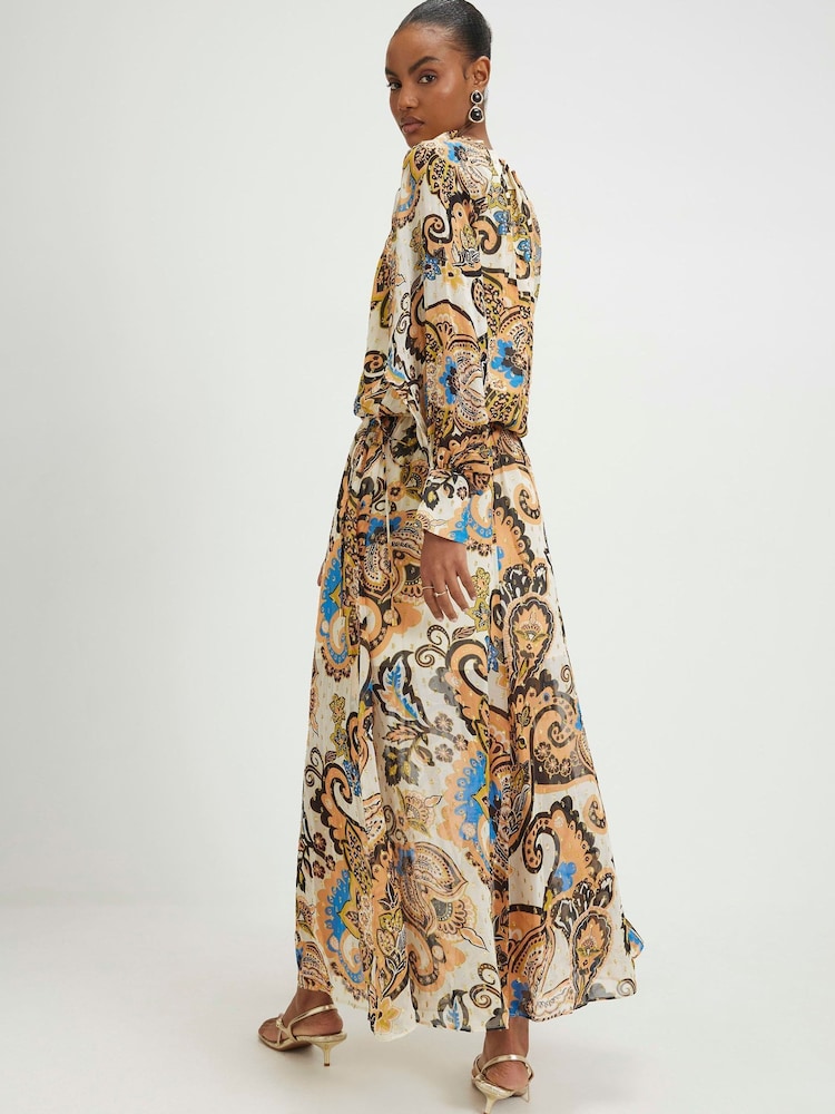 River Island Cream Long Sleeve Paisley Metallic Maxi Dress - Image 2 of 4