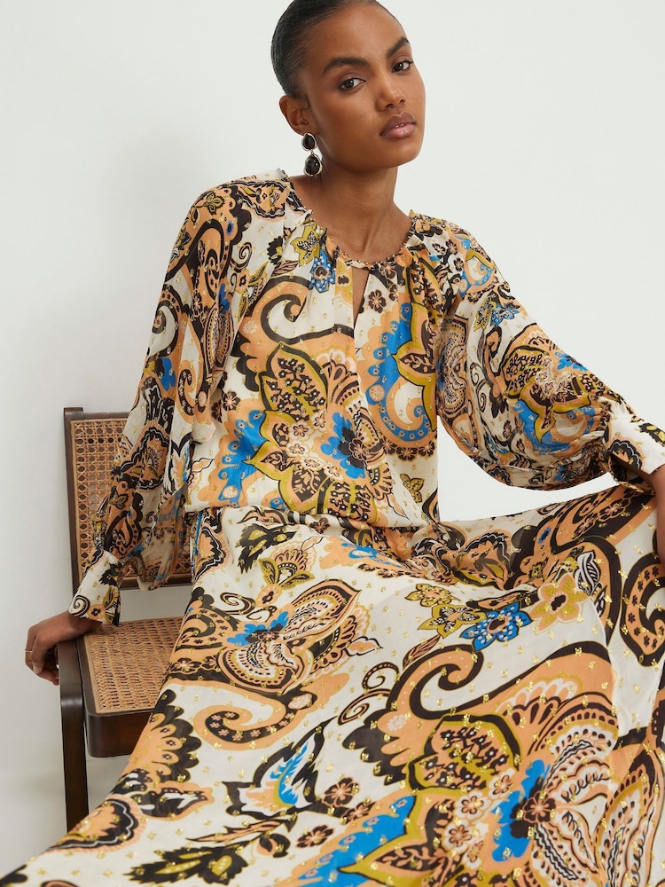 River Island Cream Long Sleeve Paisley Metallic Maxi Dress - Image 4 of 4