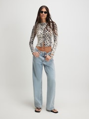 River Island Cream Long Sleeve Leopard Print Ribbed Button Front Top - Image 2 of 4