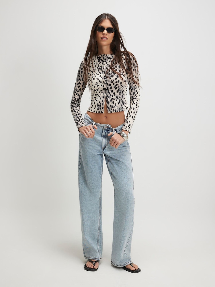 River Island Cream Long Sleeve Leopard Print Ribbed Button Front Top - Image 2 of 4