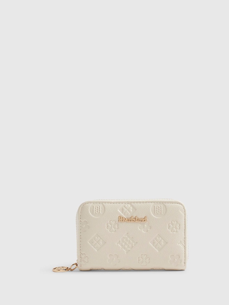 River Island Cream Embossed Monogram Zip Around Purse - Image 1 of 5