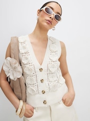 River Island Cream Sleeveless 3D Flower Crochet Waistcoat - Image 1 of 4