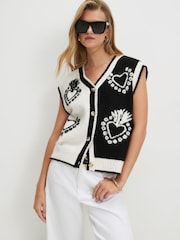 River Island Black Sleeveless Monogram Knitted Waistcoat - Image 1 of 4