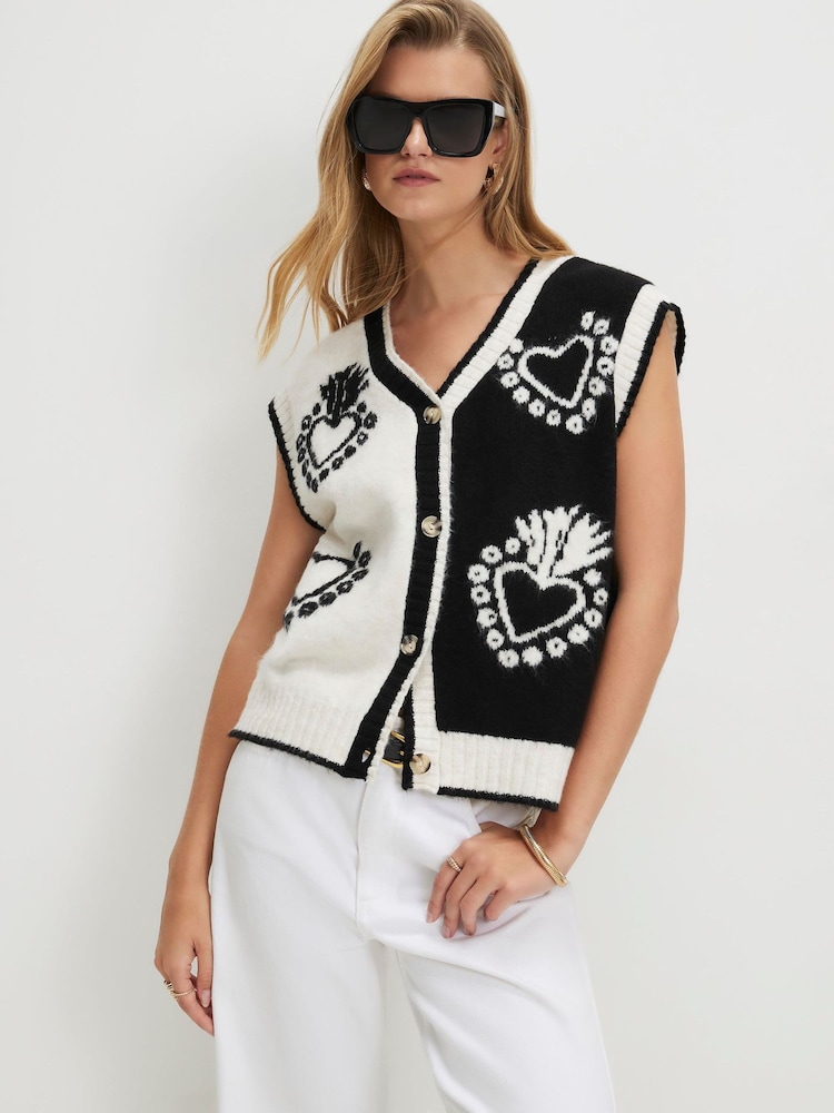 River Island Black Sleeveless Monogram Knitted Waistcoat - Image 1 of 4 River Island Black Sleeveless Monogram Knitted Waistcoat - Image 1 of 4