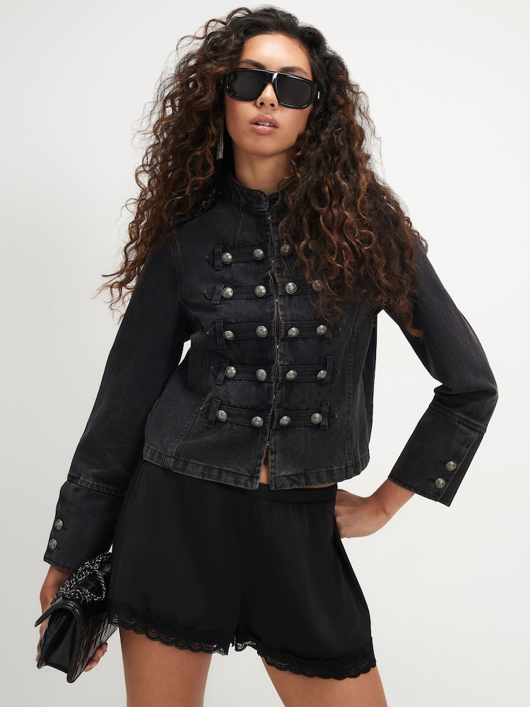 River Island Black Olivia Attwood Military Drummer Denim Jacket - Image 1 of 4