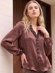 Қоңыр - Roman Crinkle Satin Frill V-Neck Top - 4суретінің 3 суреті