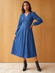 Roman Blue Button Through Midi Dress - Image 1 of 4