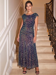 Blauw - Romeinse maxi-jurk met pailletten en colkraag, gemaakt van stretchmateriaal. - Afbeelding 1 van 4