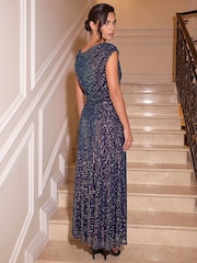 Blauw - Romeinse maxi-jurk met pailletten en colkraag, gemaakt van stretchmateriaal. - Afbeelding 3 van 4