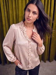Крем - Roman Crinkle Satin Frill V-Neck Top - 4суретінің 1 суреті