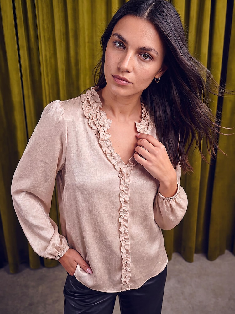 Крем - Roman Crinkle Satin Frill V-Neck Top - 4суретінің 1 суреті