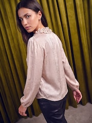 Крем - Roman Crinkle Satin Frill V-Neck Top - 4суретінің 3 суреті