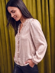 Крем - Roman Crinkle Satin Frill V-Neck Top - 4суретінің 4 суреті