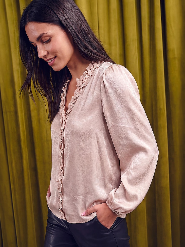 Крем - Roman Crinkle Satin Frill V-Neck Top - 4суретінің 4 суреті