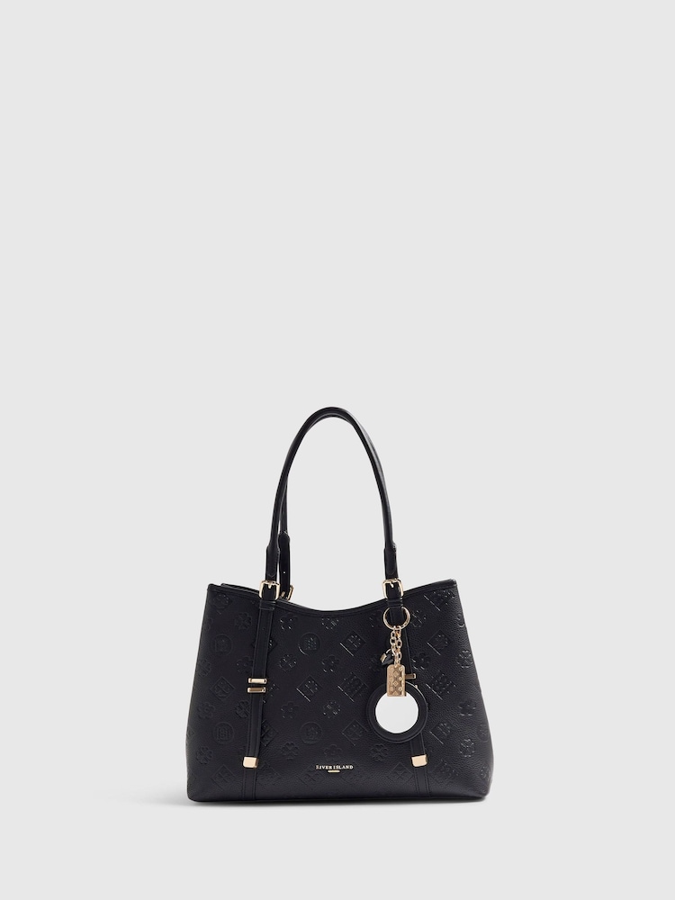 River Island Black Monogram Embossed Charm Tote Bag - Image 1 of 4