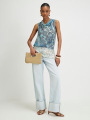 River Island Blue Sleeveless Paisley Metallic Drape Top - Image 1 of 4