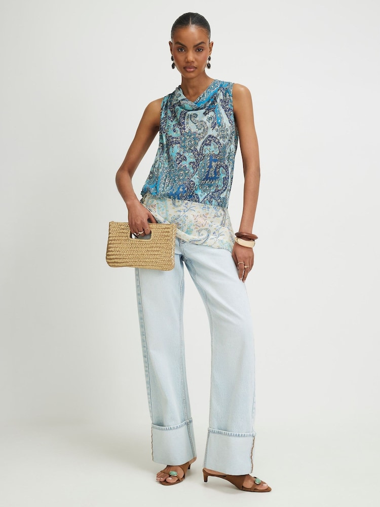 River Island Blue Sleeveless Paisley Metallic Drape Top - Image 1 of 4 River Island Blue Sleeveless Paisley Metallic Drape Top - Image 1 of 4