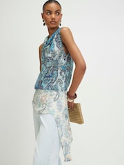 River Island Blue Sleeveless Paisley Metallic Drape Top - Image 2 of 4