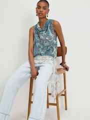 River Island Blue Sleeveless Paisley Metallic Drape Top - Image 3 of 4