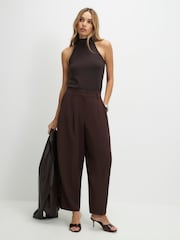 River Island Brown Mid Rise Drape Pleated Barrel Leg Trousers - Image 1 of 4