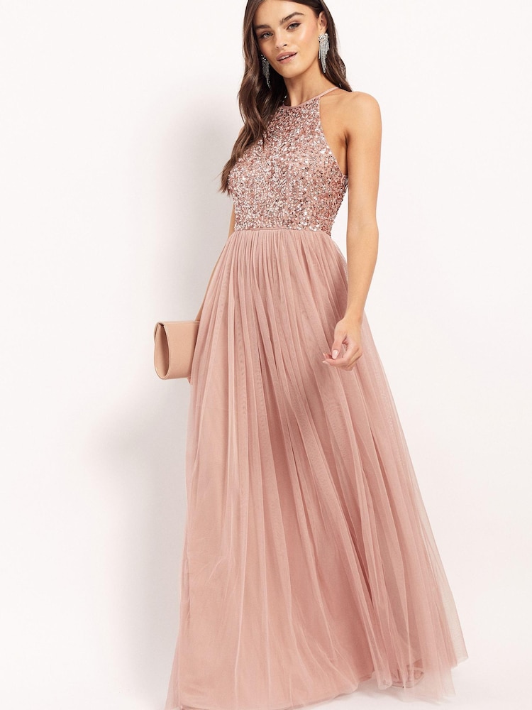 Maya Pink Halterneck Delicate Sequin Maxi Dress - Image 3 of 4