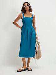 River Island Blue Sleeveless Whipstitch Pleated Poplin Midi Dress - Image 1 of 4