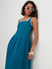River Island Blue Sleeveless Whipstitch Pleated Poplin Midi Dress - Image 4 of 4