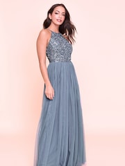 Maya Blue Petite Halterneck Delicate Sequin Maxi Dress - Image 3 of 4