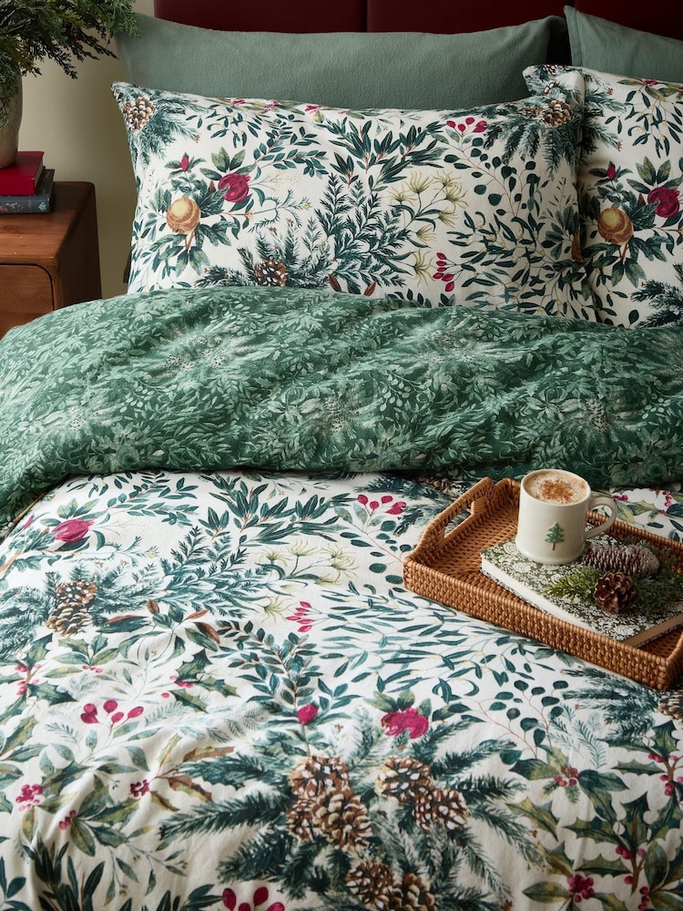 Wylder Pine Green Winter Foliage Reversible Brushed Cotton Duvet Set - Image 2 of 3