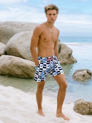 Chelsea Peers Blue Checkerboard Shark Print Swim Shorts - Image 1 of 6