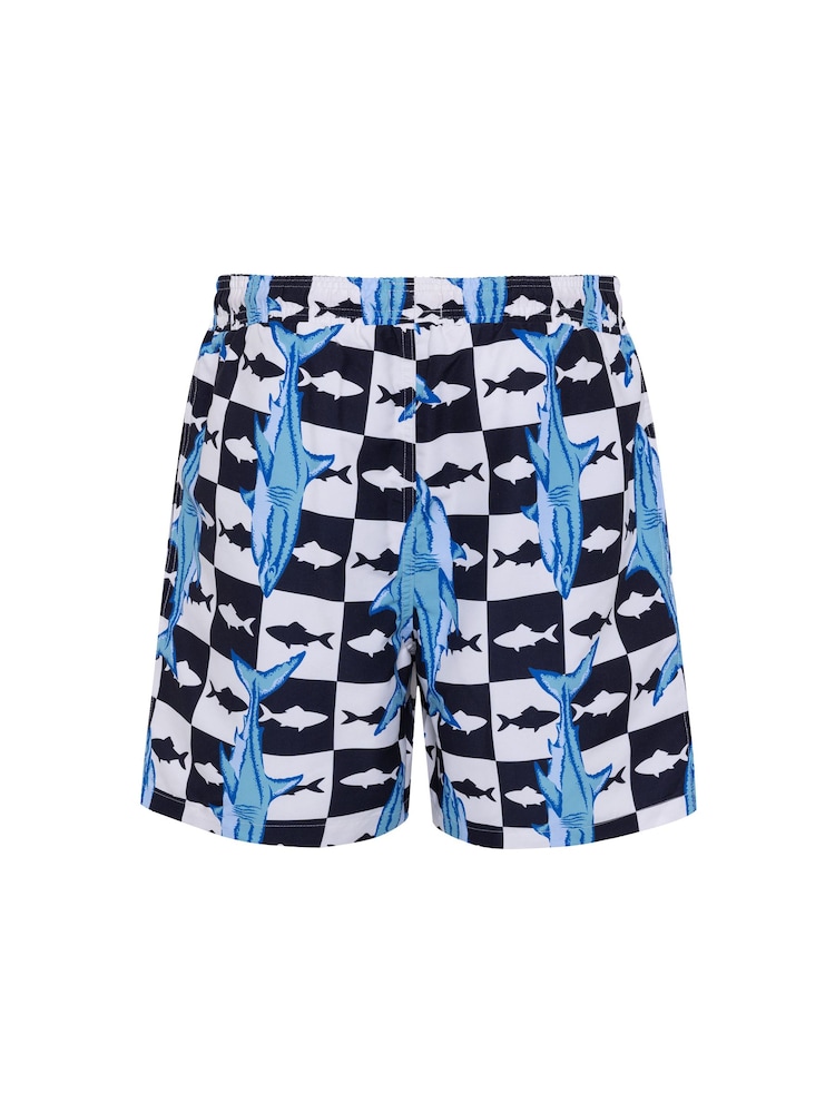 Chelsea Peers Blue Checkerboard Shark Print Swim Shorts - Image 6 of 6 Chelsea Peers Blue Checkerboard Shark Print Swim Shorts - Image 6 of 6
