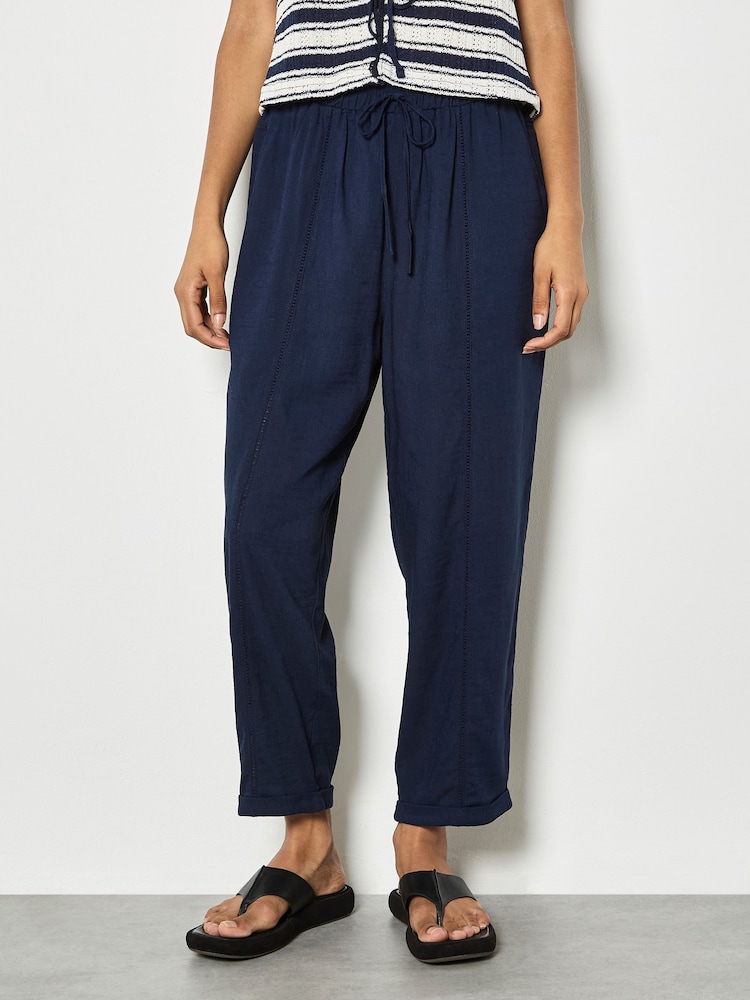 Apricot Blue Ladder Lace Insert Linen Joggers - Image 2 of 5