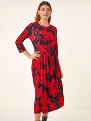 Roman Rose Print Gathered Elastično Midi haljina - Slika 4 od 4