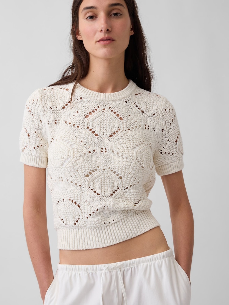 Gap Cream Crochet Short Sleeve Jumper - Image 4 of 4