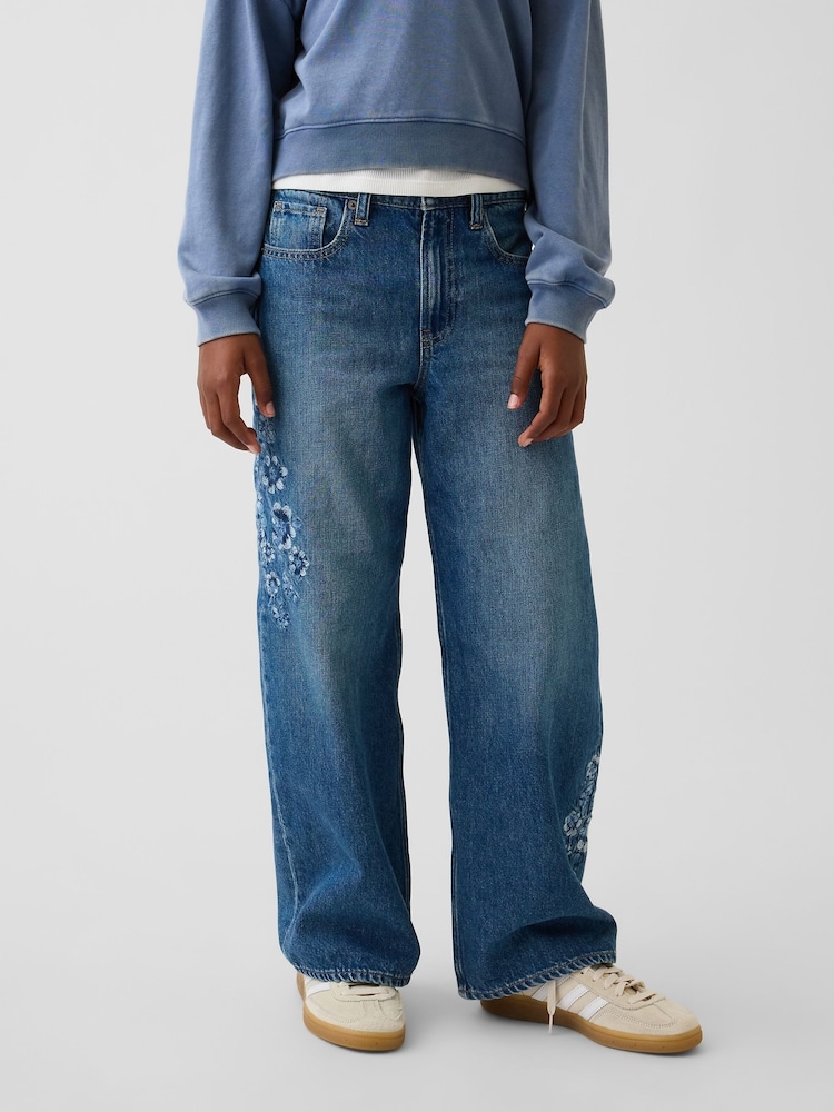 Gap Floral Blue Embroidered Low Rise Stride Wide-Leg Jeans (5-13yrs) - Image 1 of 5