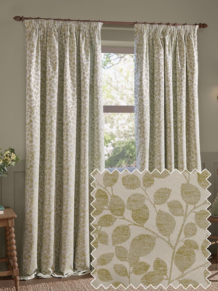 Wylder Sage Grace Leaf Jacquard Lined Pencil Pleat Curtains - Image 1 of 6 Wylder Sage Grace Leaf Jacquard Lined Pencil Pleat Curtains - Image 1 of 6