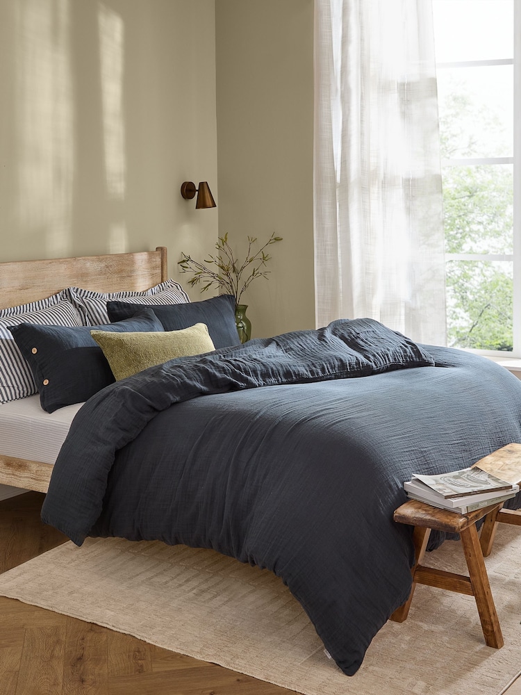 Yard Navy Lark Muslin Duvet Cover Set - Image 1 of 4
