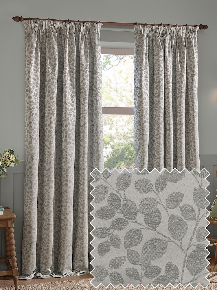 Wylder Mist Grey Grace Leaf Jacquard Lined Pencil Pleat Curtains - Image 1 of 6 Wylder Mist Grey Grace Leaf Jacquard Lined Pencil Pleat Curtains - Image 1 of 6